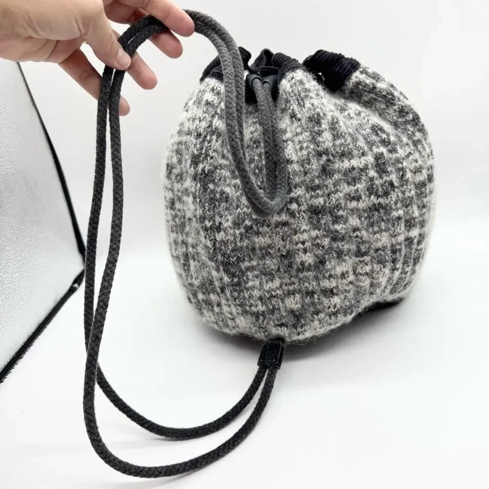 Y2K Artsy Boho‎ Hippie Knit Wool Drawstring Backpack Bag Grey/Black - Medium